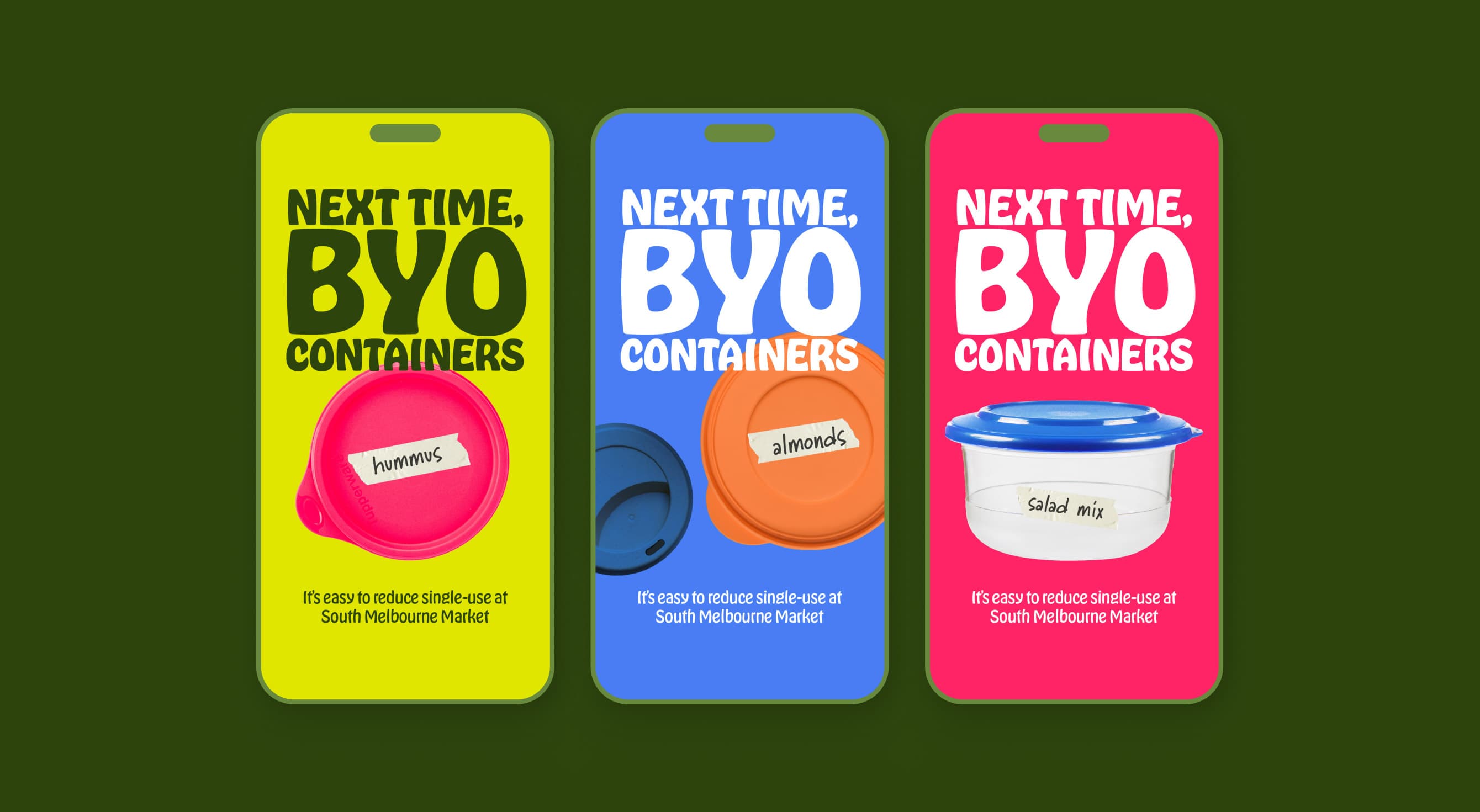 Brand collateral - Social stories - 'Next Time, BYO' campaign for the South Melbourne Market