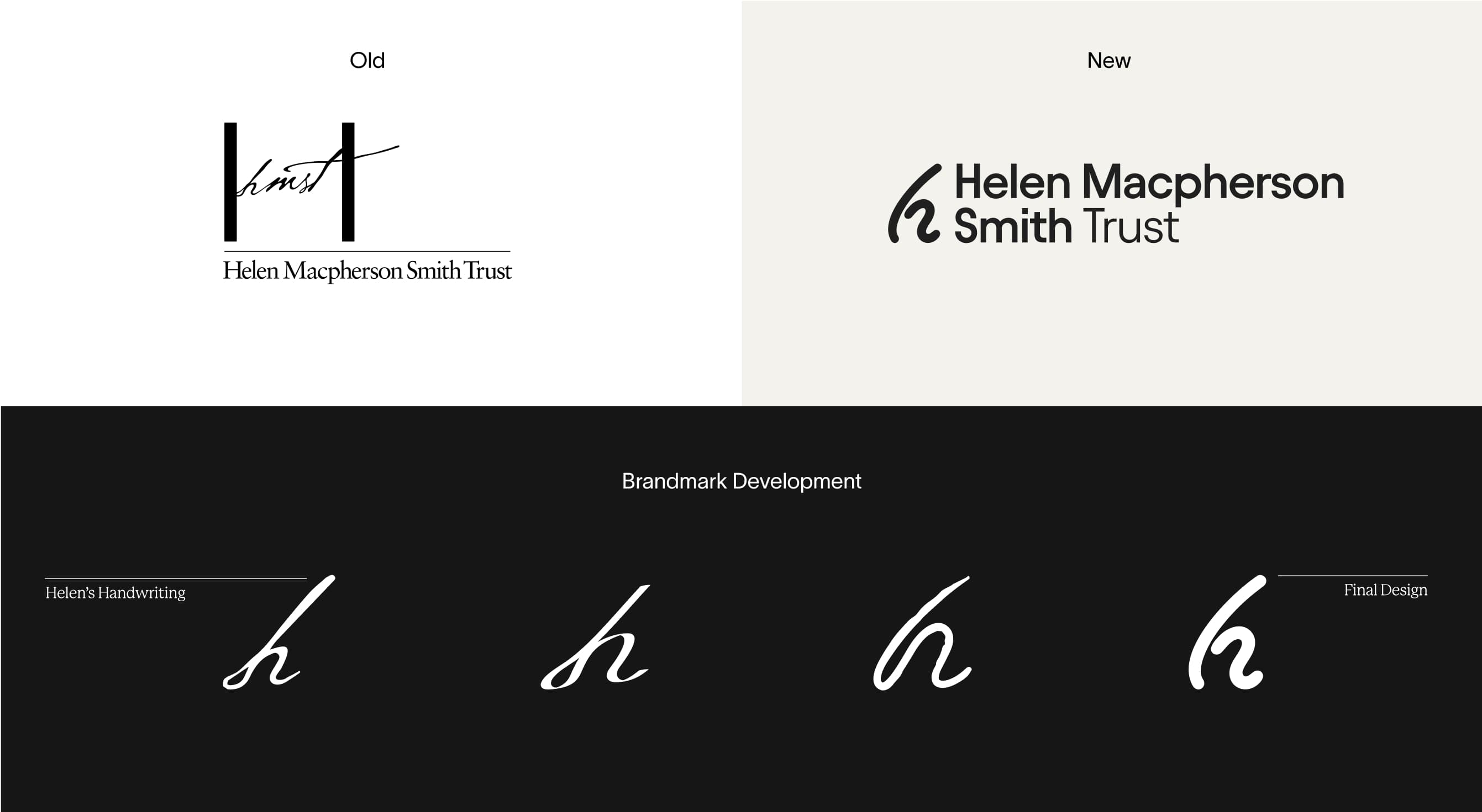 Brandmark development for Helen Macpherson Smith Trust - incorporating Helen's handwriting into a new, contemporary design.