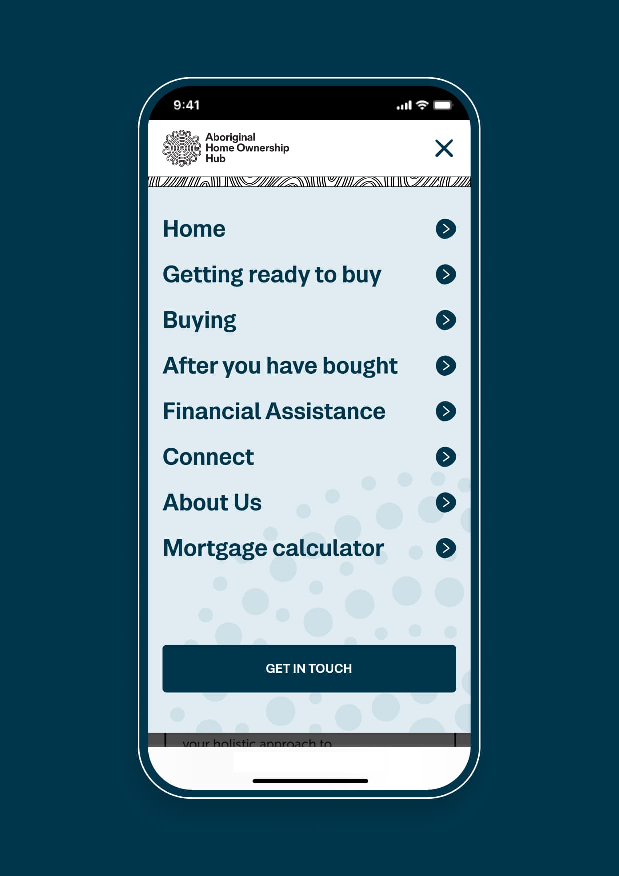 Display menu for Aboriginal Housing Victoria on Mobile - a digital space where Aboriginal and Torres Strait Islander communities can easily access important housing information, services, and resources while also reflecting the values and culture of Aboriginal communities.