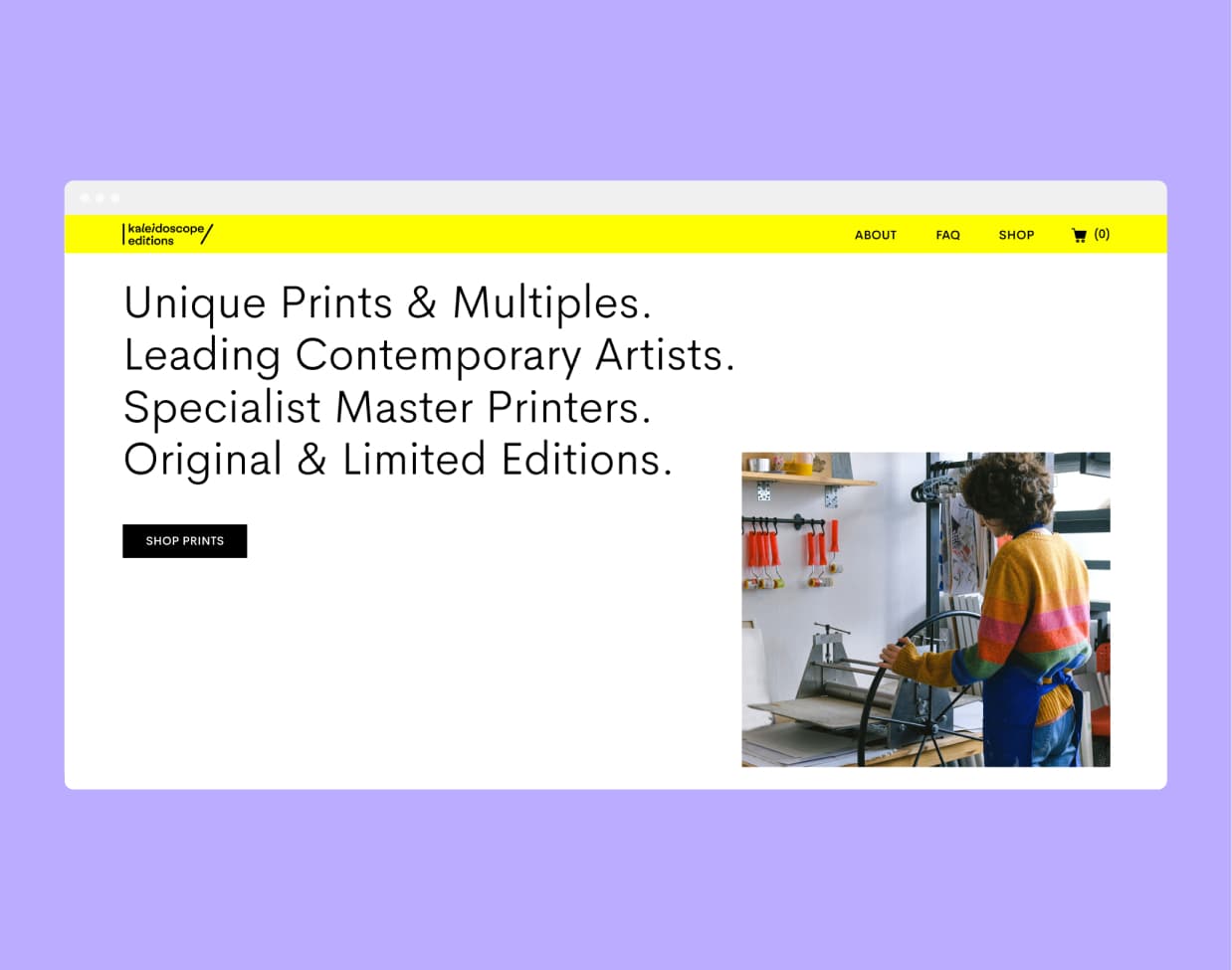 Showcase of Kaleidoscope Editions’ modern e-commerce website designed by Your Creative, highlighting artist profiles and limited-edition prints.