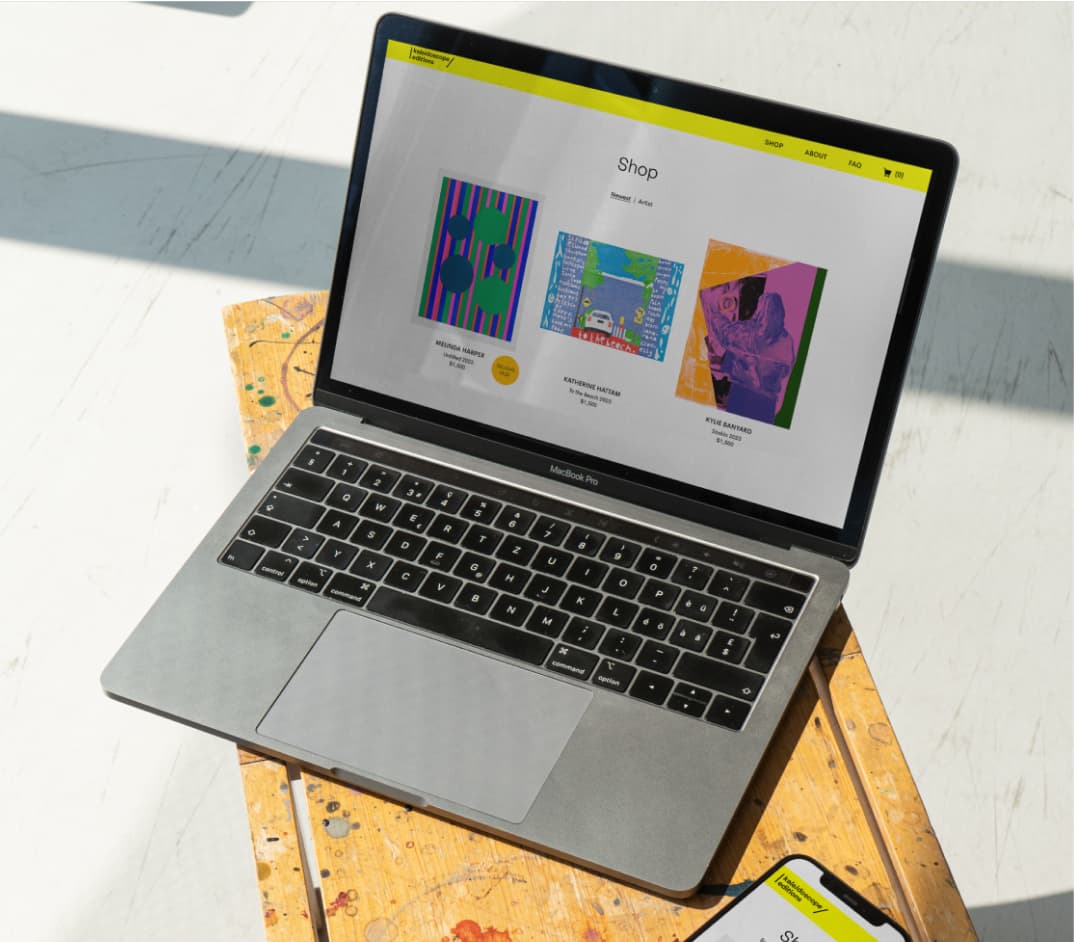 Showcase of Kaleidoscope Editions’ modern e-commerce website designed by Your Creative, highlighting artist profiles and limited-edition prints.