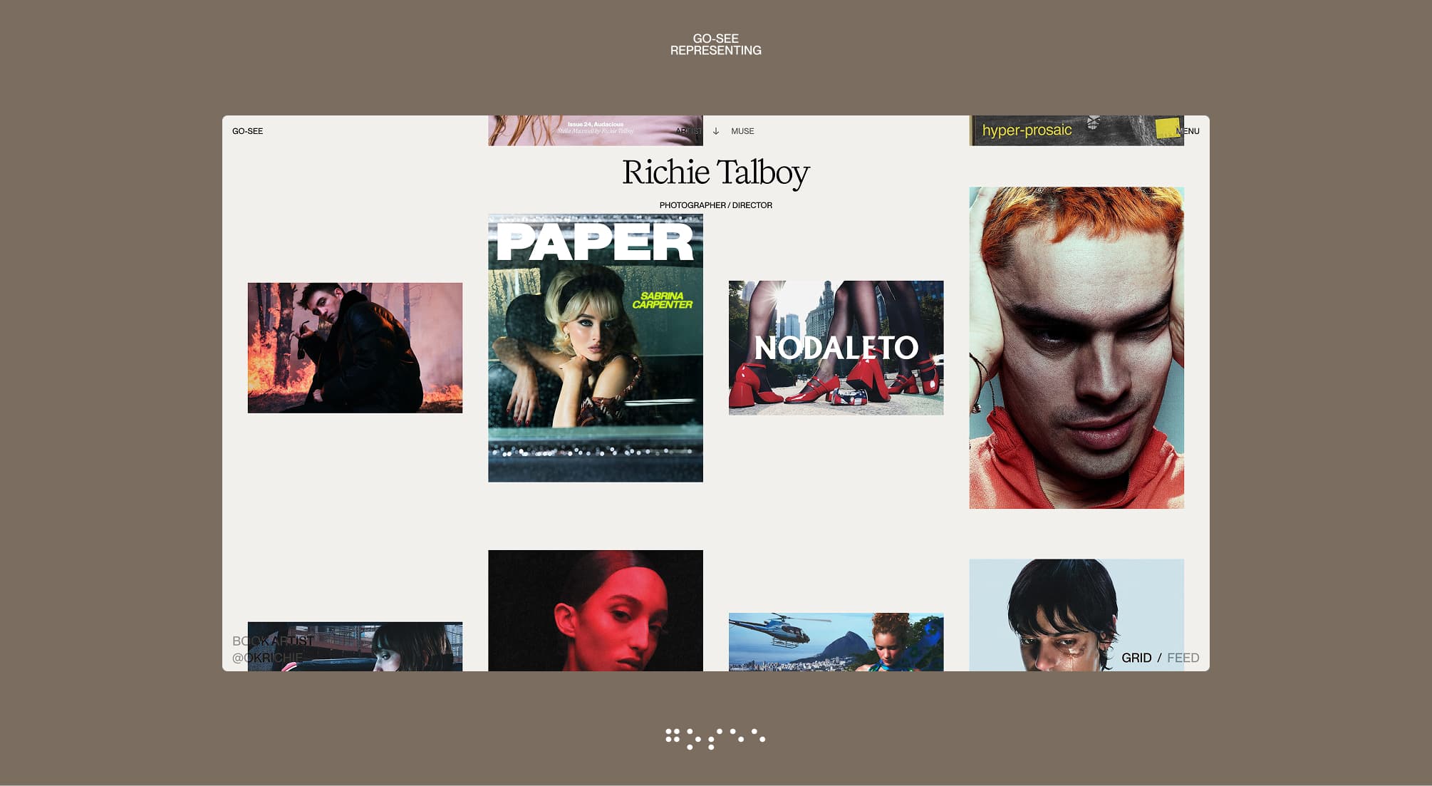 Artist profile navigation interface on GO-SEE platform showing talent portfolio by Your Creative Agency