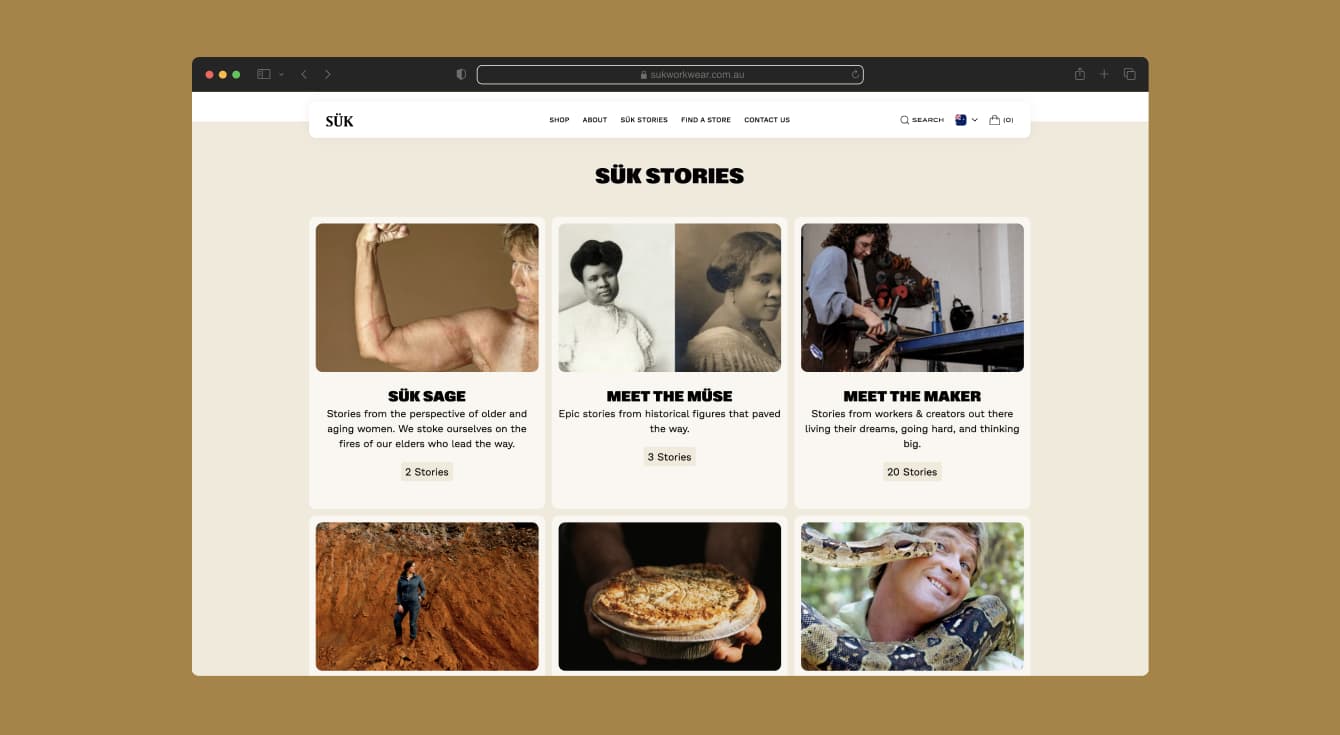 Community-led web design direction by Your Creative agency for Suk Stories layout