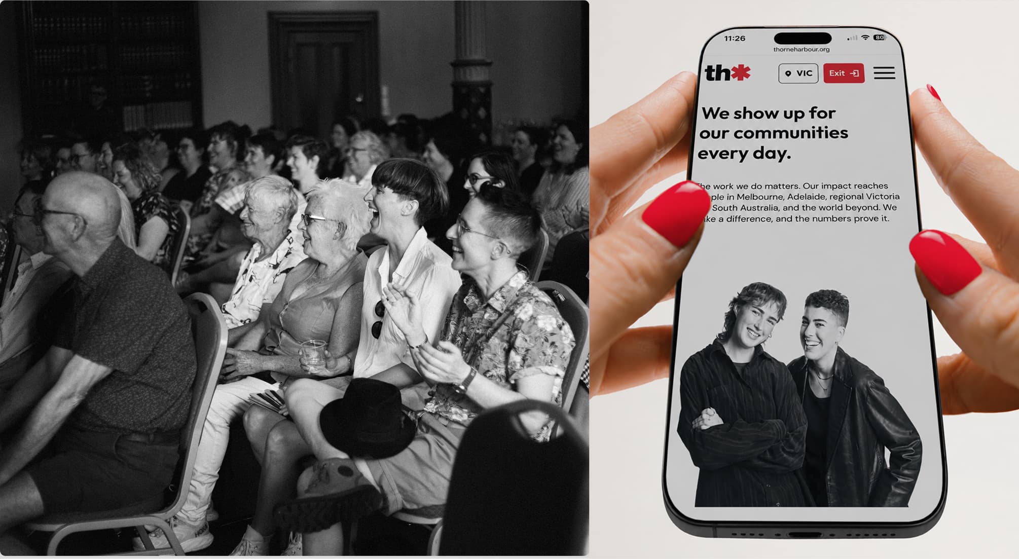 Archival Victorian AIDS Council photo beside the new Thorne Harbour Health site on mobile