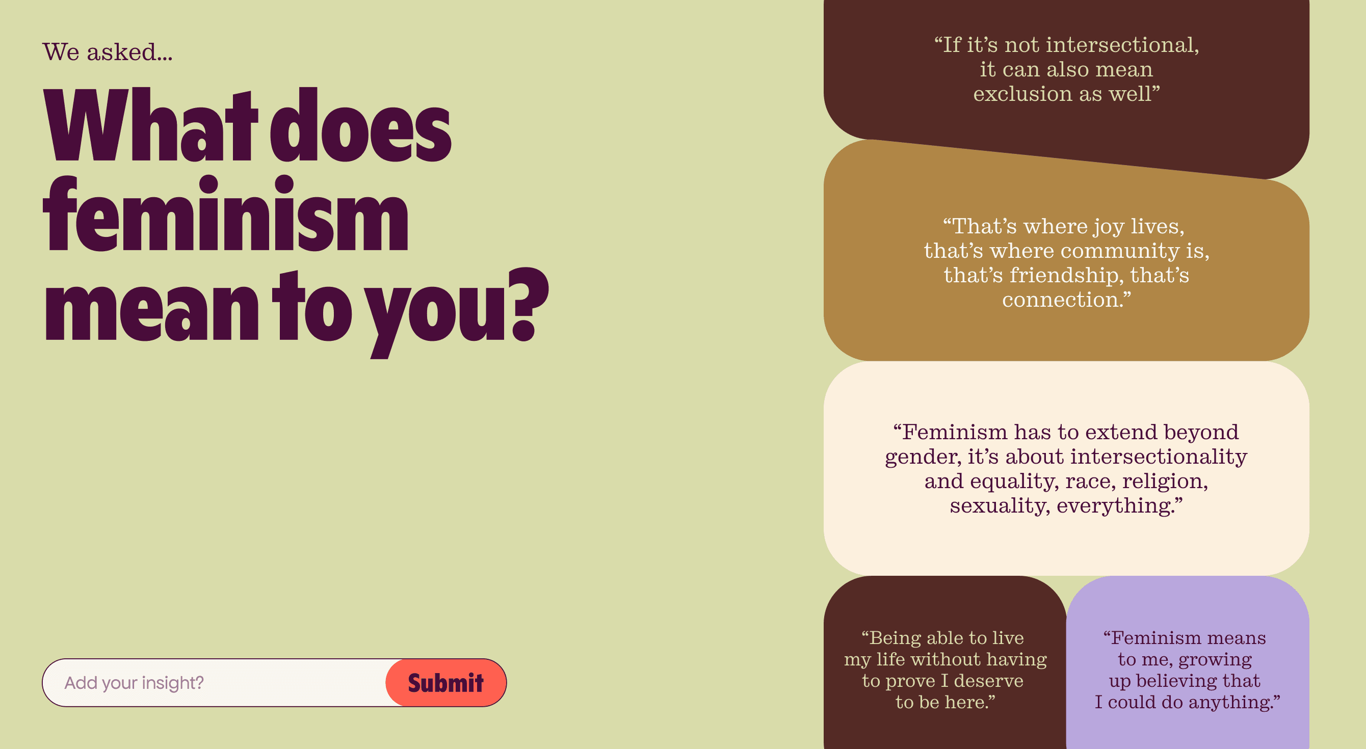 Interactive website module inviting visitors to answer “What does feminism mean to you?” with community responses in speech bubbles