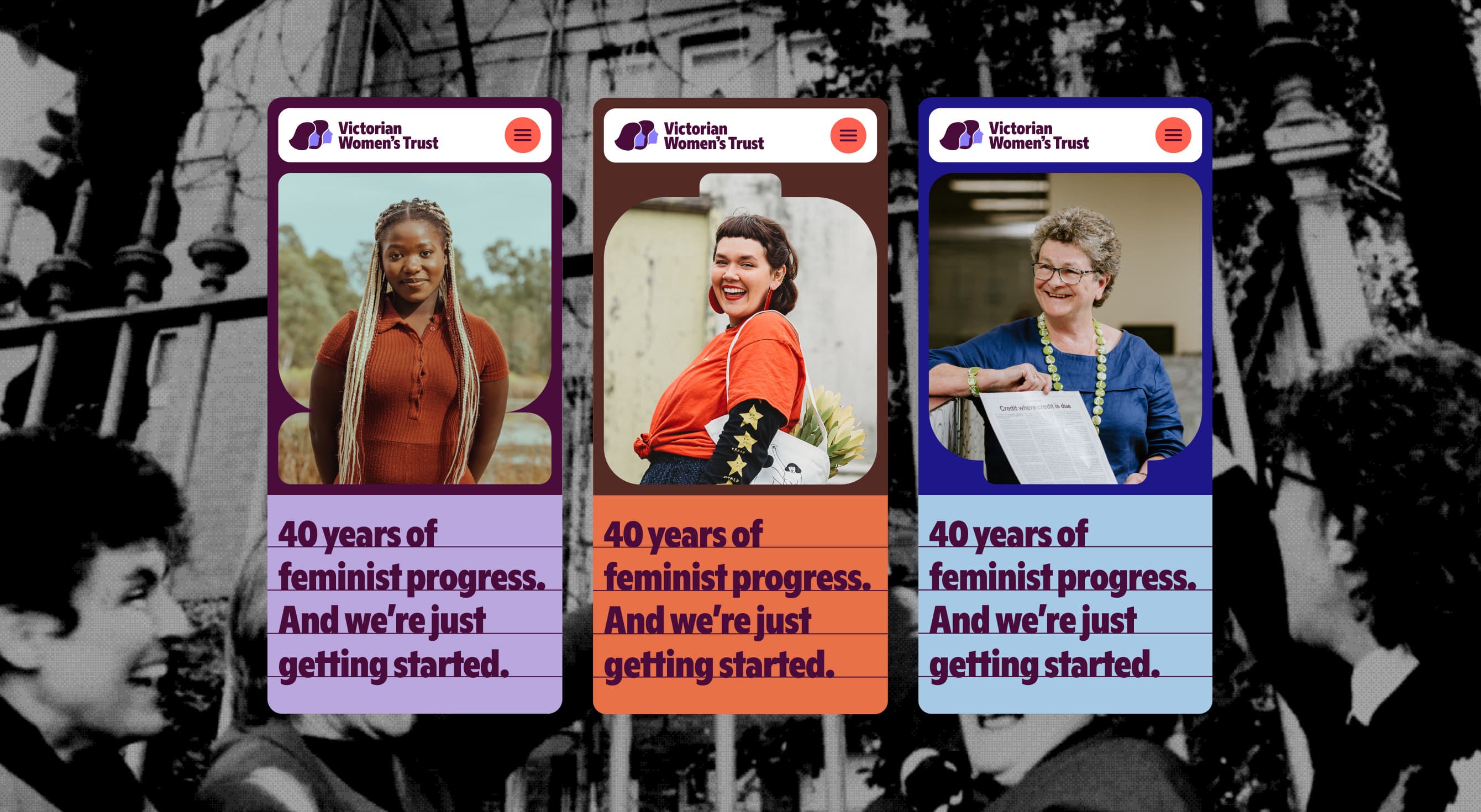 Three mobile screens of the responsive Victorian Women’s Trust website over black and white archival photography