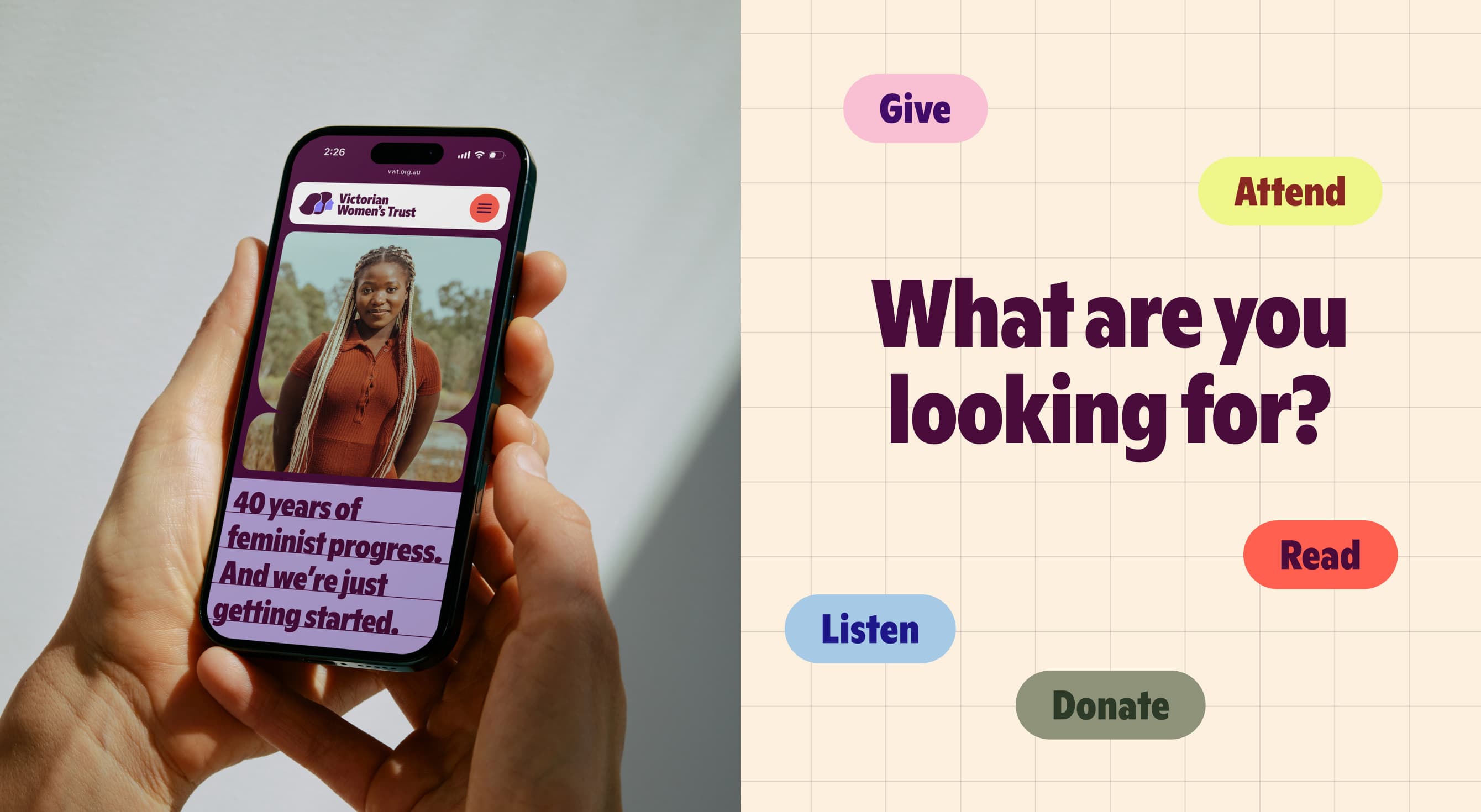 Hand holding a phone showing the website, beside a navigation menu asking “What are you looking for?” with options to give, attend, listen, read and donate