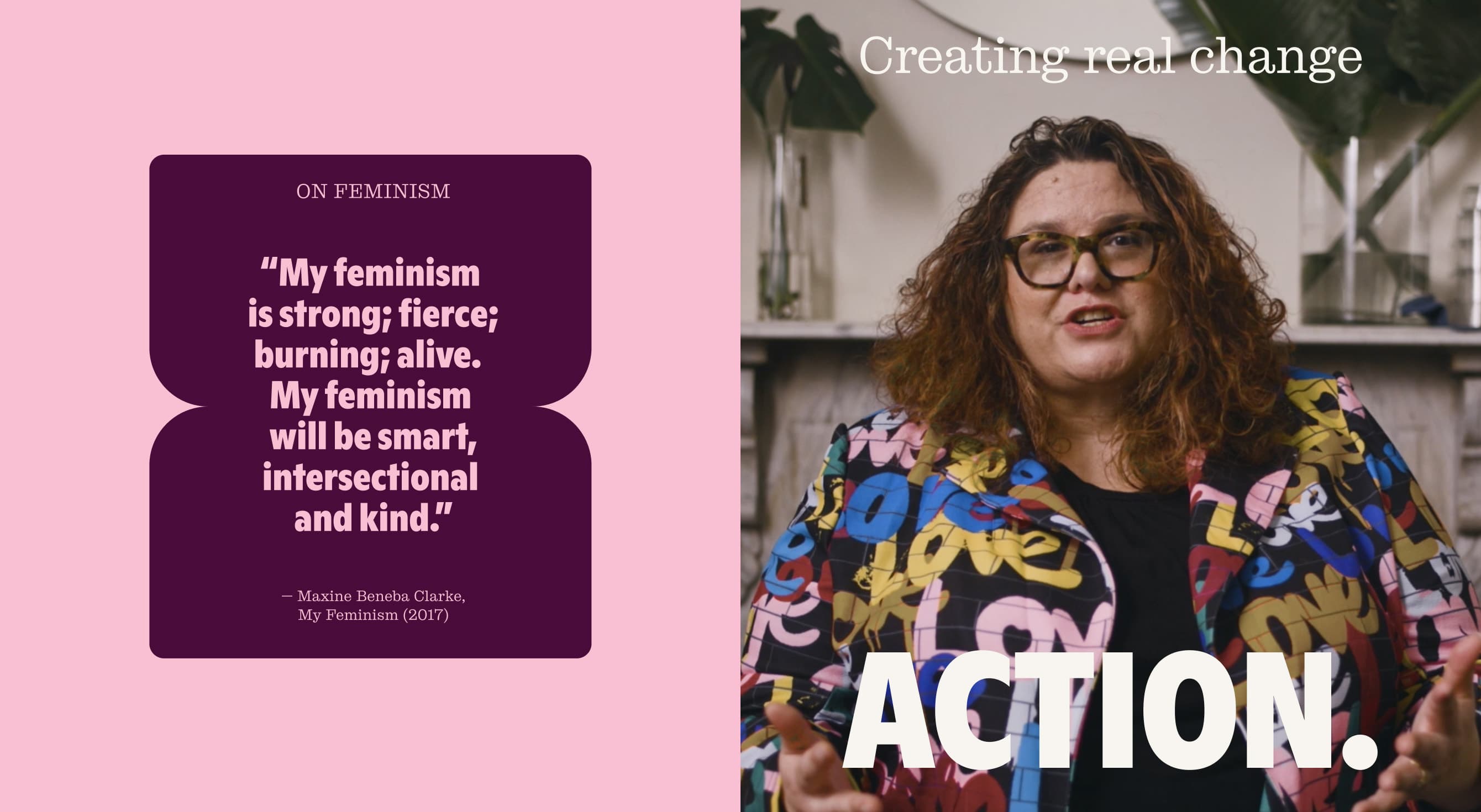 Pink quote card reading “My feminism is strong, fierce…” beside a portrait of a woman and the word ACTION