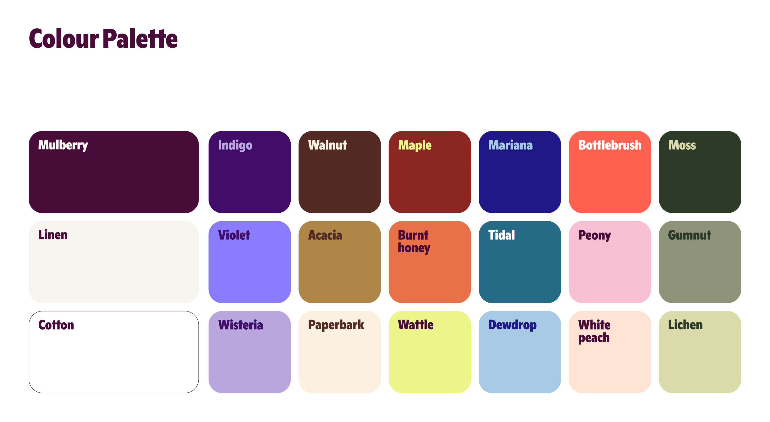 Victorian Women’s Trust brand identity colour palette of plums, purples, reds, oranges, teal, greens and creams