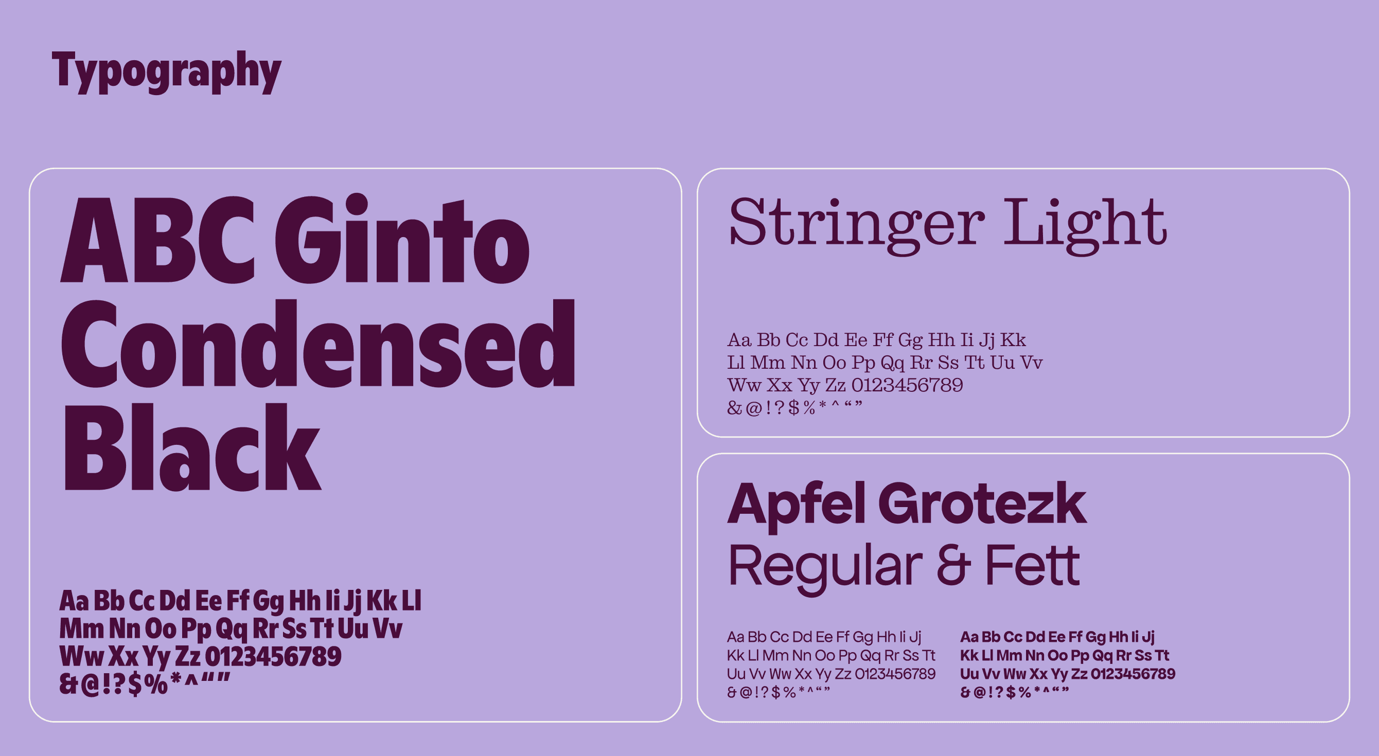 Brand typography system showing ABC Ginto Condensed Black, Stringer Light and Apfel Grotezk