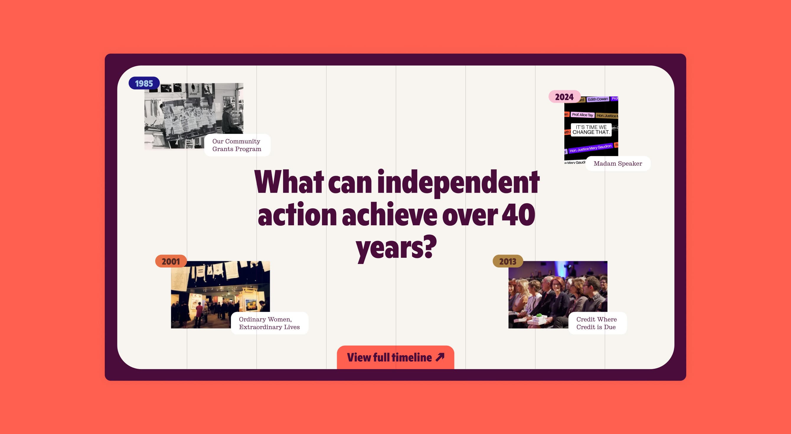 Timeline feature asking “What can independent action achieve over 40 years?” on a coral background showing web layout