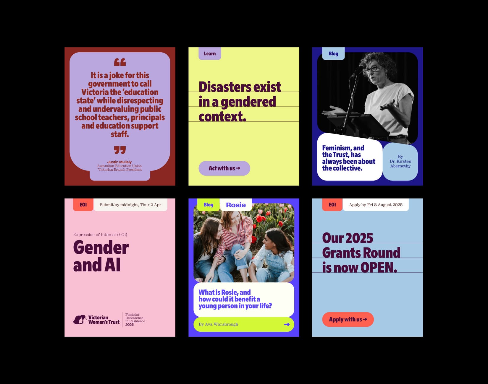Grid of social media designs for the Victorian Women’s Trust, covering gender and AI, disasters in a gendered context, and the 2025 Grants Round