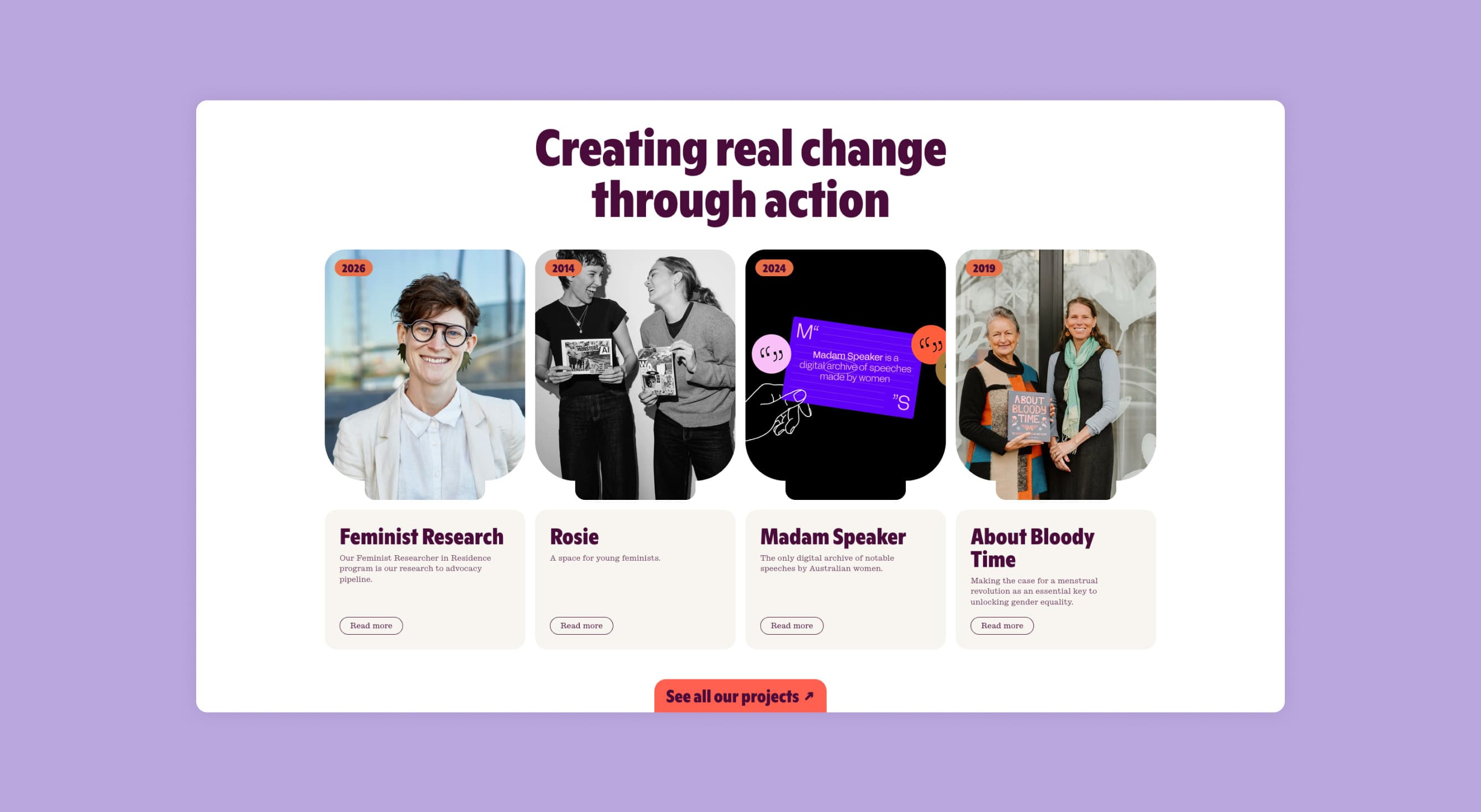 Website projects module headed “Creating real change through action” with portraits of people behind each project