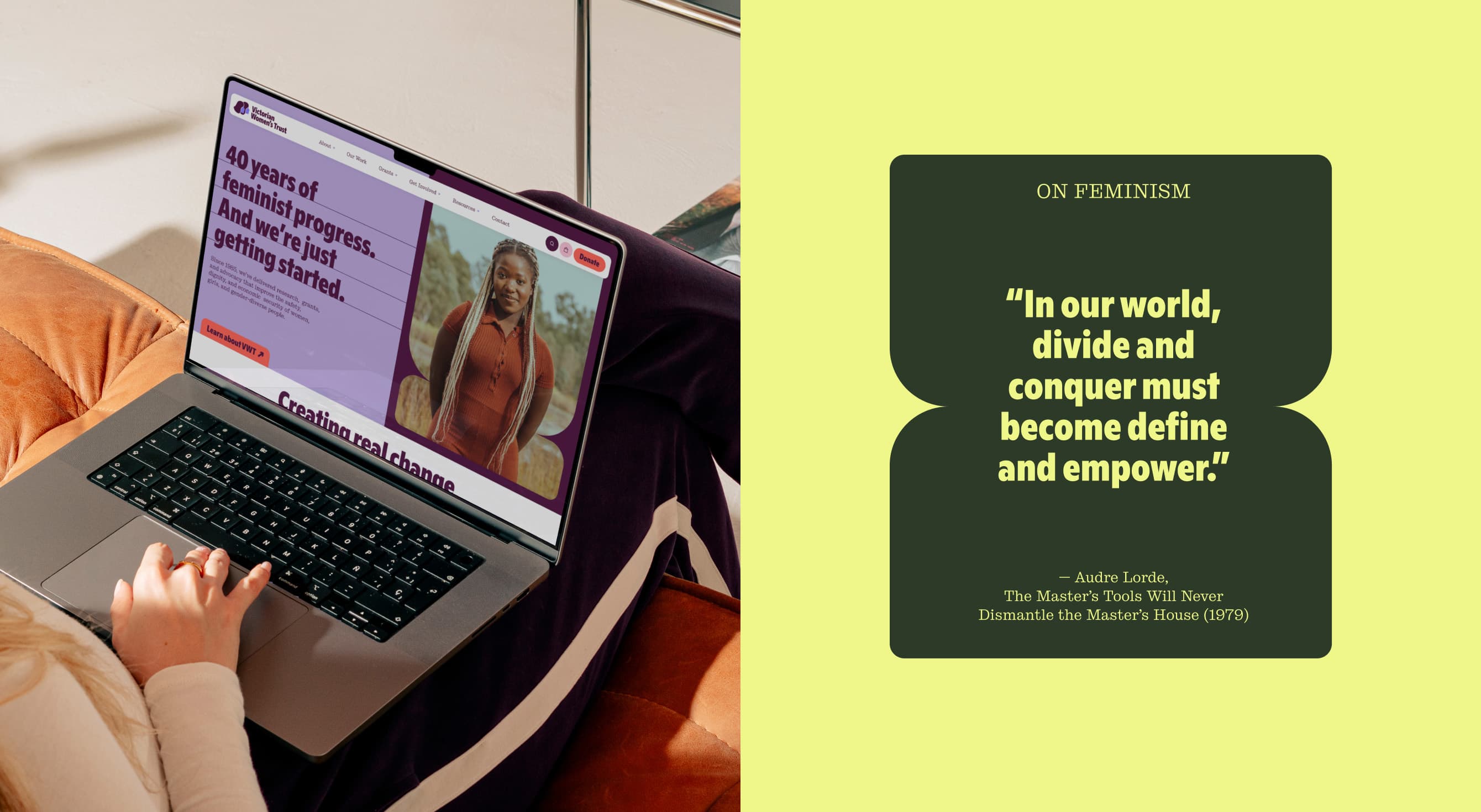 Laptop showing the Victorian Women’s Trust website beside a green quote card on a yellow-green background