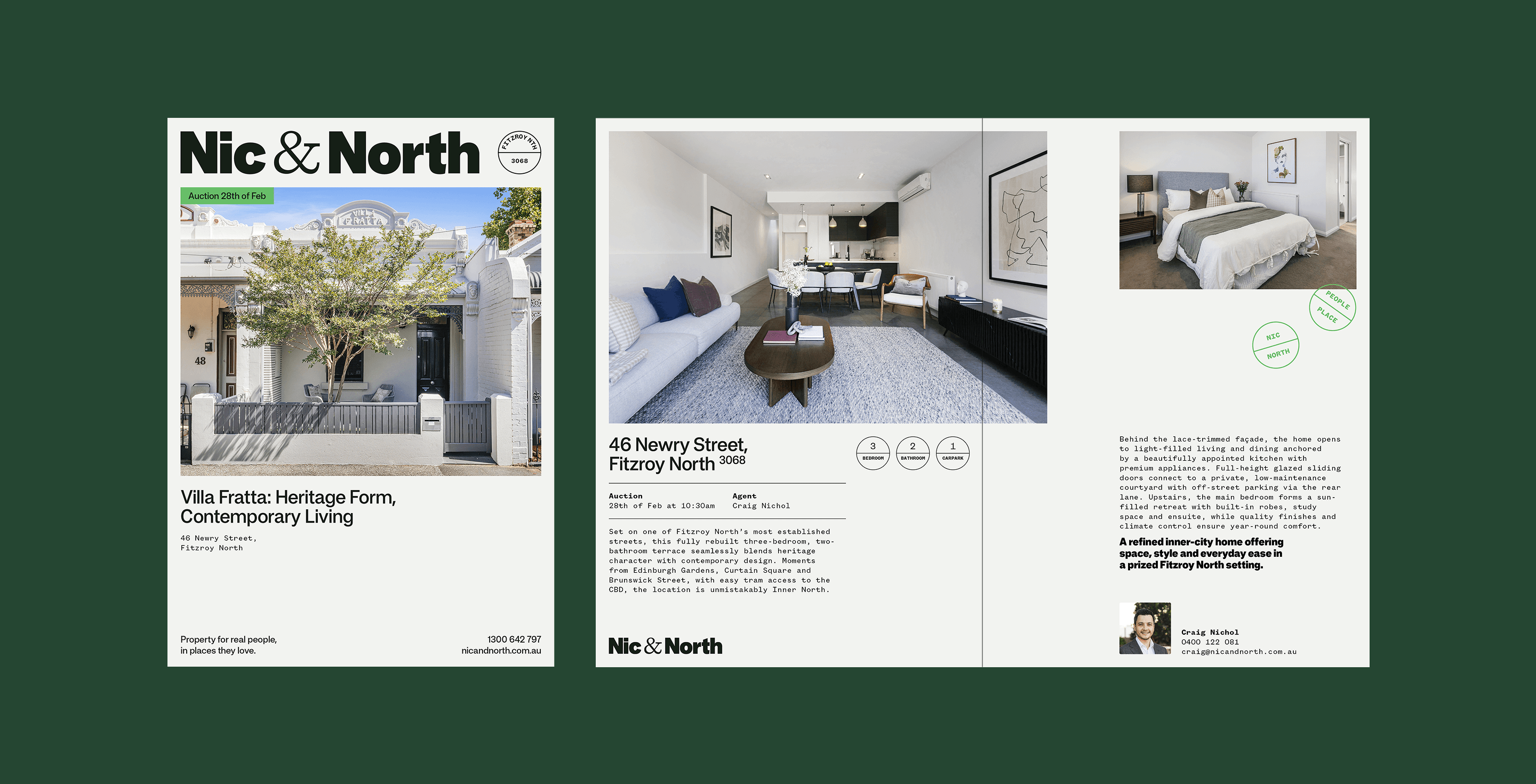 Nic & North Brand identity spread — property listing page and pattern design